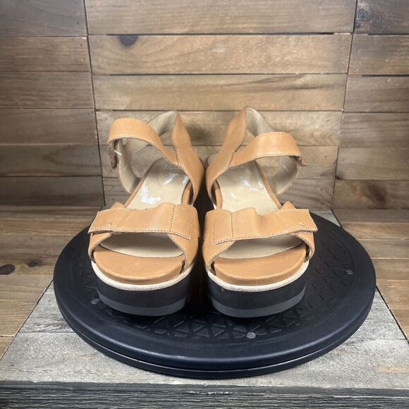 Eileen Fisher Platform Sandals Womens Sz 8 Tan Leather Ankle Strap Hook & Loop - Picture 2 of 10